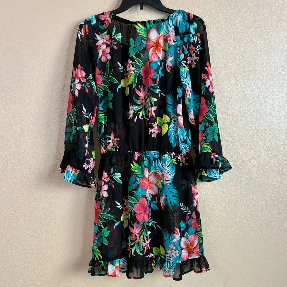 Tommy Bahama Size S Floral Black Ruffle Sheer Tunic‎ Dress Swim Coverup Vacation